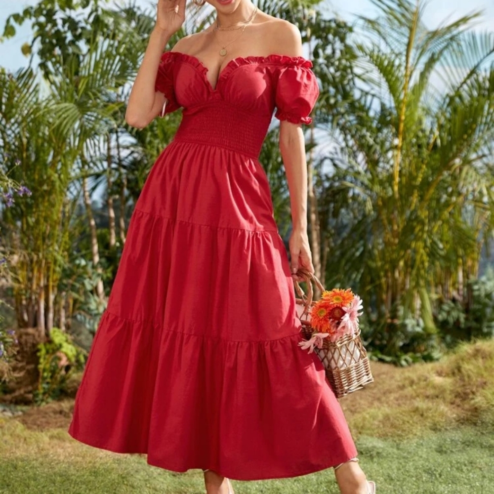Red off shoulder dress